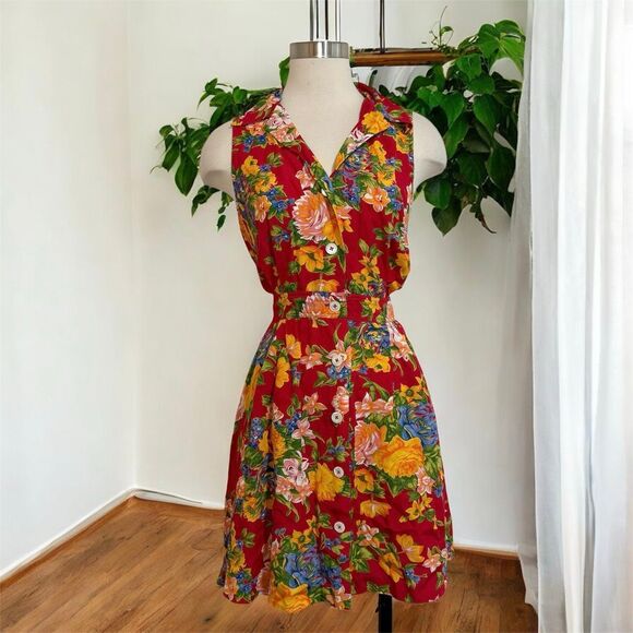 Vintage Banana Republic Red Mini Shirt Small S Small Floral Tapestry - Picture 1 of 6